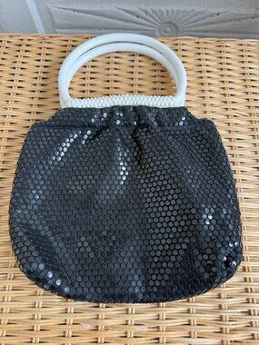 Vintage 60s Reversible Molded Plastic Bead Purse Black & White Top Handle MOD